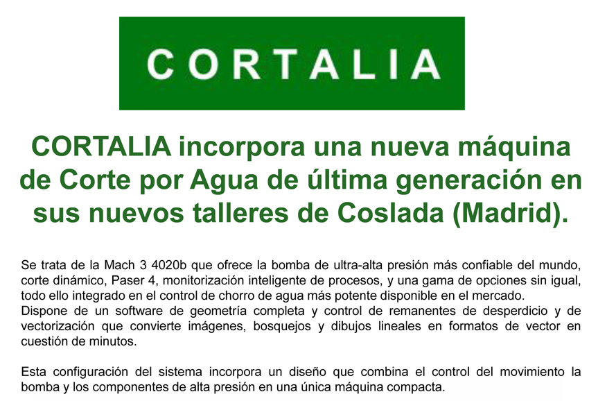 Cortalia incorpora una nueva máquina de Corte por Agua de última generación