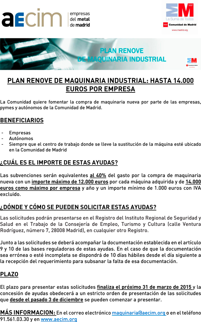 Plan Renove de Maquinaria Industrial. Hasta 14.000 € por empresa