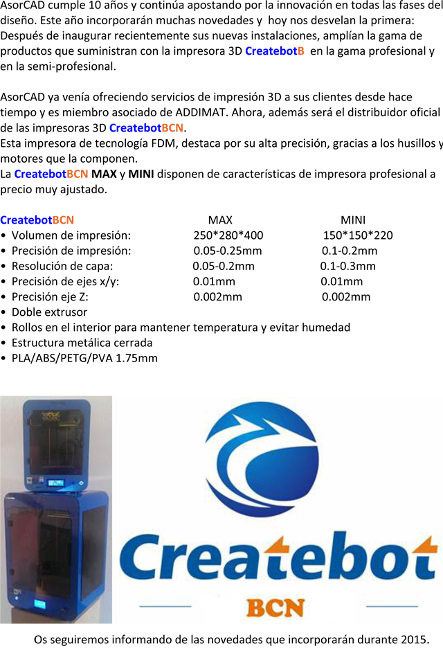 AsorCAD distribuidor oficial en España de la impresora 3D para uso profesional CREATEBOT-BCN