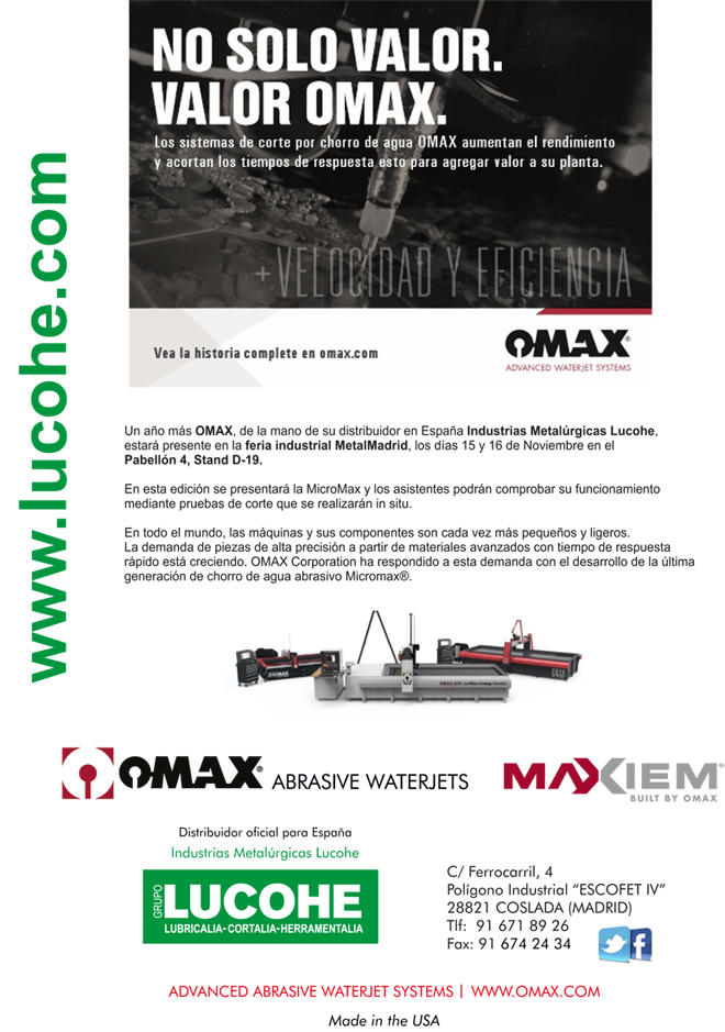 OMAX, de la mano de su distribuidor en España Industrias Metalúrgicas Lucohe, estará presente en la feria industrial MetalMadrid 