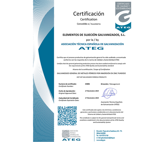 ESG obtiene el certificado de Calidad y Sostenibilidad ATEG