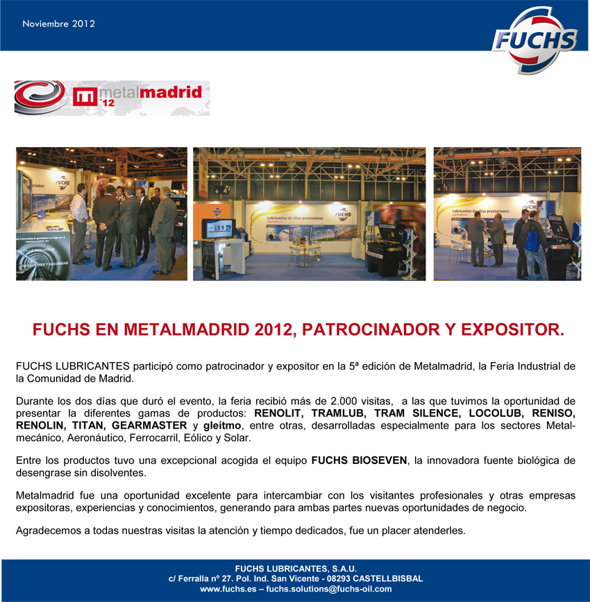 FUCHS EN METALMADRID 2012, PATROCINADOR Y EXPOSITOR.