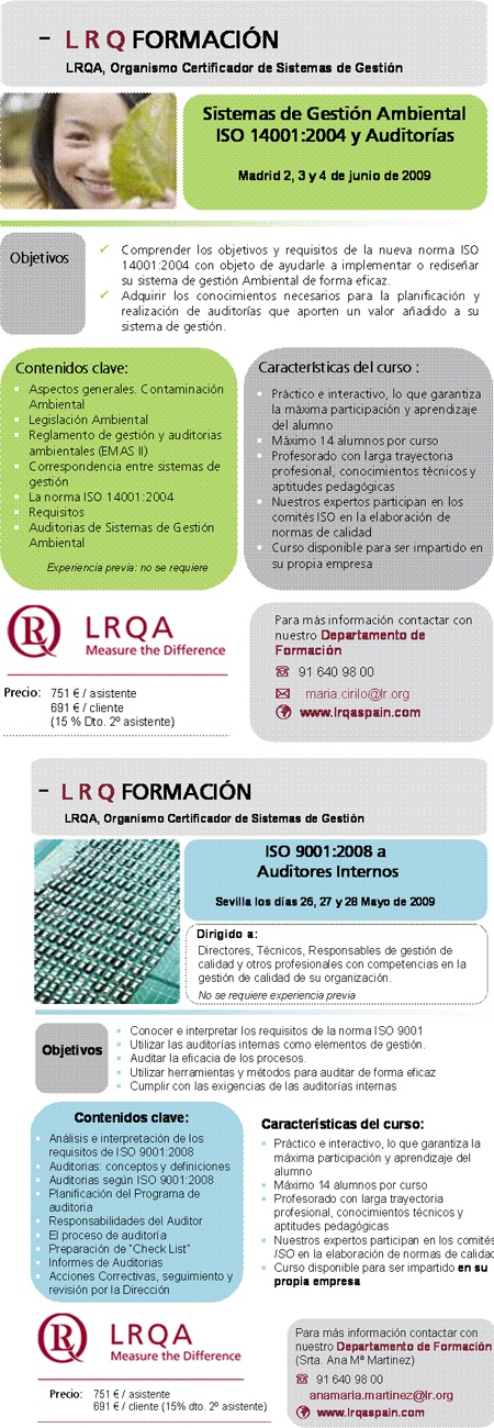 Cursos LRQA de Sistema de Gestión Ambiental y para ISO 9001:2008