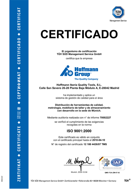 Hoffmann Iberia Quality Tools S.L. recibe certificado ISO 9001