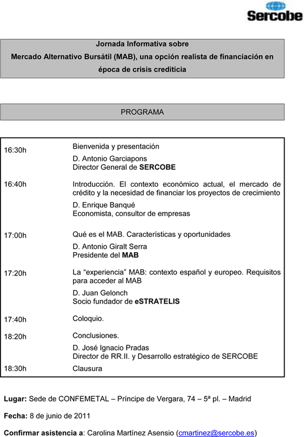 SERCOBE organiza jornada sobre el Mercado Alternativo Bursatil (Madrid, 8 de junio)