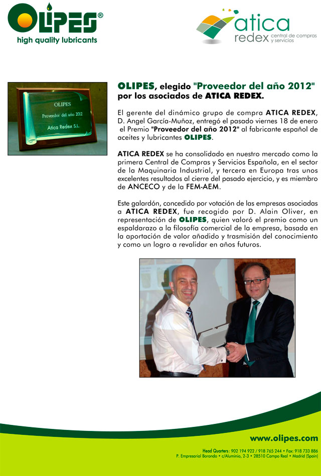 OLIPES, elegido "Proveedor del año 2012"
por los asociados de ATICA REDEX.