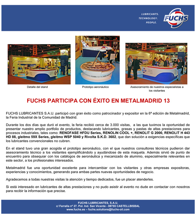 FUCHS participa con éxito en METALMADRID 13