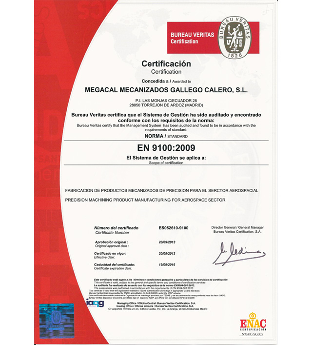 MEGACAL S.L. OBTIENE CERTIFICACION EN 9100:2009