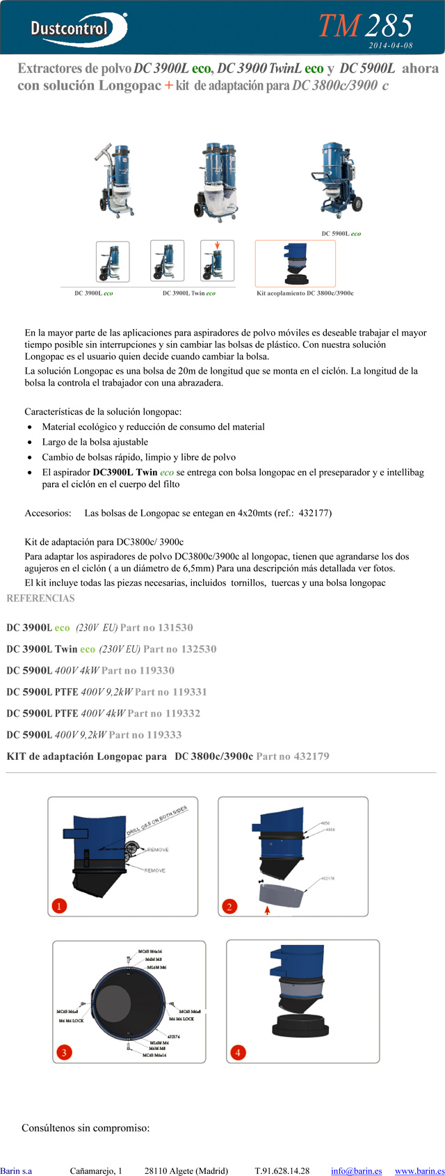 Extractores de polvoDC 3900L eco, DC 3900TwinL eco y DC5900L ahora con solución Longopac +kit de adaptación para DC 3800c/3900 c