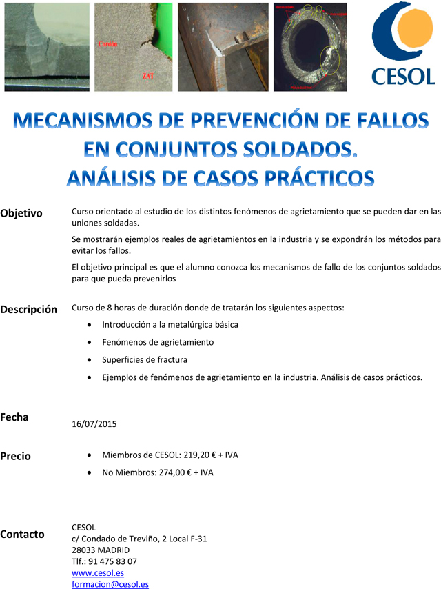 CURSOS DE FORMACIÓN: Mecanismos de prevención de fallos en conjuntos soldados. Análisis de casos prácticos básico