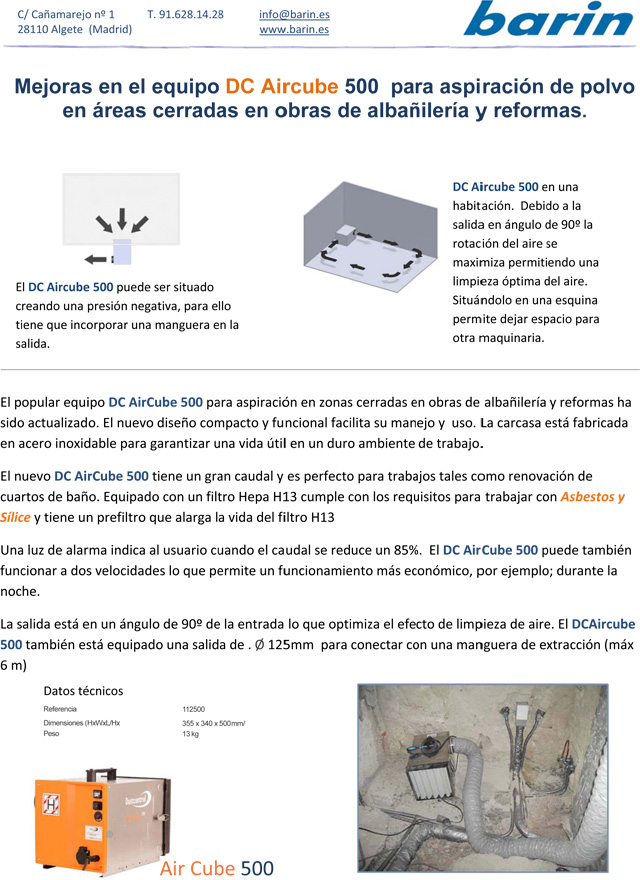 Barin mejoras en equipo para aspiración de polvo en áreas cerradas en obras de albaĄilería y reformas.