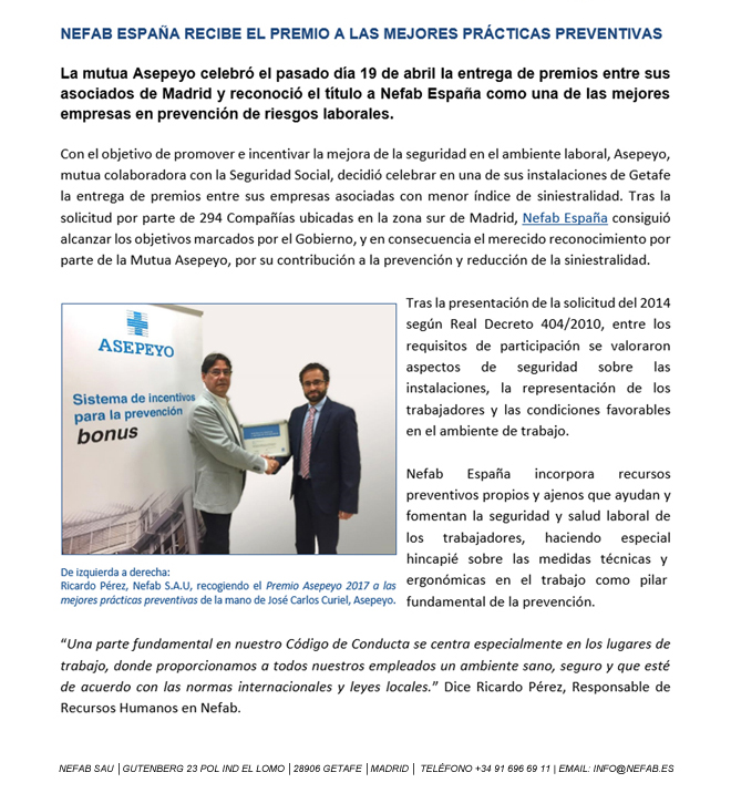 NEFAB: Premio a las Mejores prácticas preventivas 