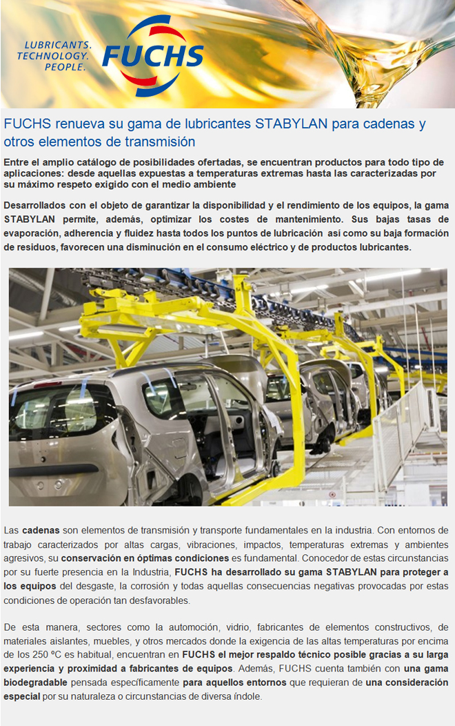 FUCHS renueva su gama de lubricantes STABYLAN para cadenas y otros elementos de transmisión