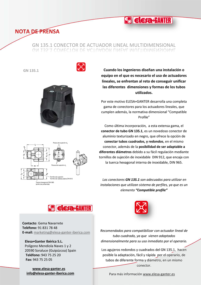 ELESA + GANTER: GN 135.1 CONECTOR DE ACTUADOR LINEAL MULTIDIMENSIONAL