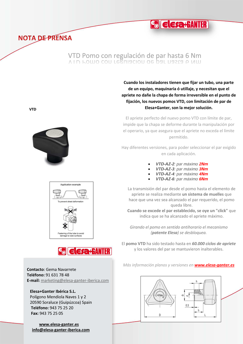 ELESA+GANTER: NUEVO POMO VTD CON LIMITE DE PAR DE FUERZA