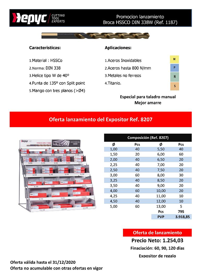 HEPYC: Oferta Expositor de la nueva broca 1187 - HSSCO DIN 338W HEPYC: Oferta Expositor de la nueva broca 1187 - HSSCO DIN 338W