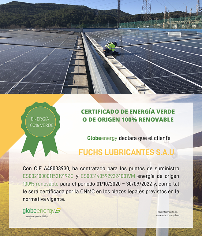FUCHS LUBRICANTES obtiene el certificado de energía verde de Globeenergy