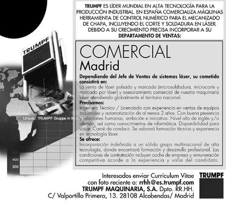 TRUMPF MAQUINARIA, S.A. BUSCA COMERCIAL PARA MADRID