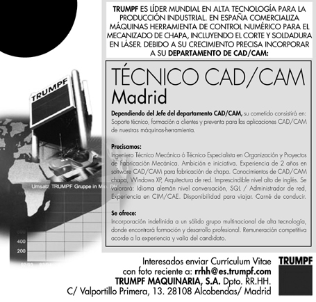 TRUMPF MAQUINARIA, S.A. PRECISA TÉCNICO CAD/CAM para madrid
