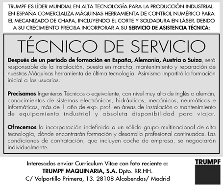 TRUMPF MAQUINARIA, S.A. PRECISA TÉCNICO DE SERVICIO
