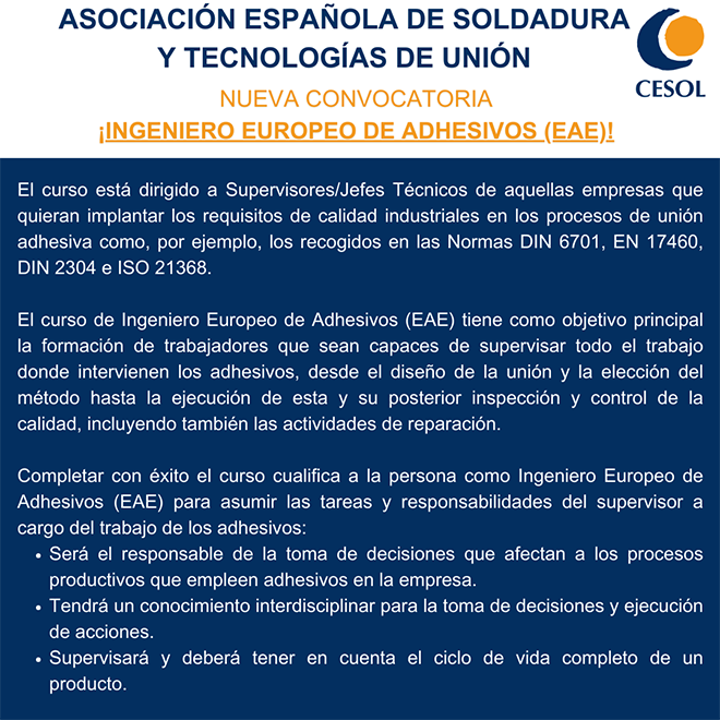 Nueva Convocatoria CESOL: Ingeniero Europeo de Adhesivos